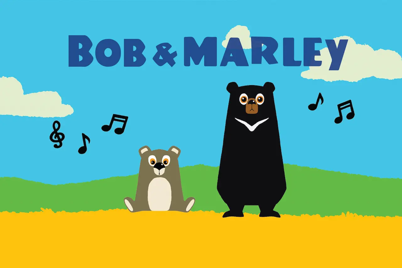 Bob and Marley bear characters on a bright blue landscape