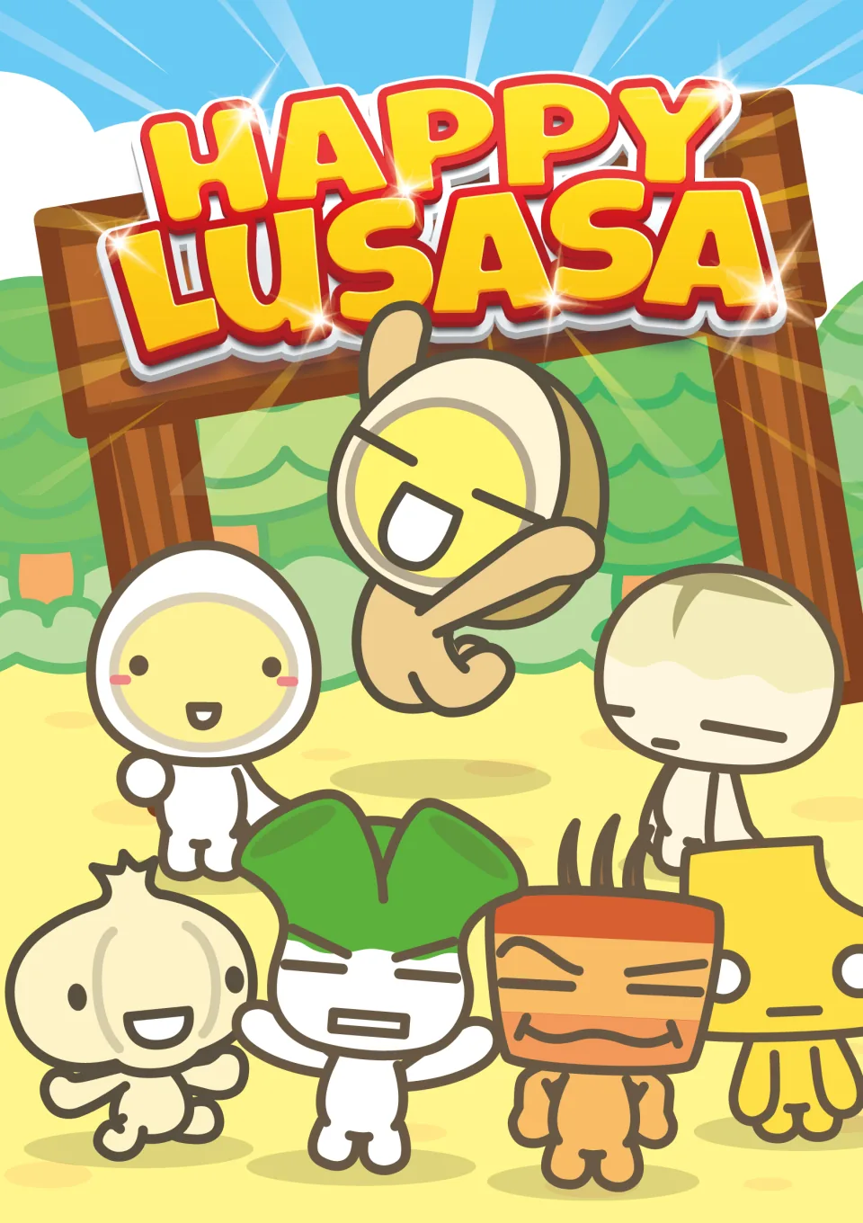 Happy Lusasa characters gathered around the HAPPY LUSASA logo