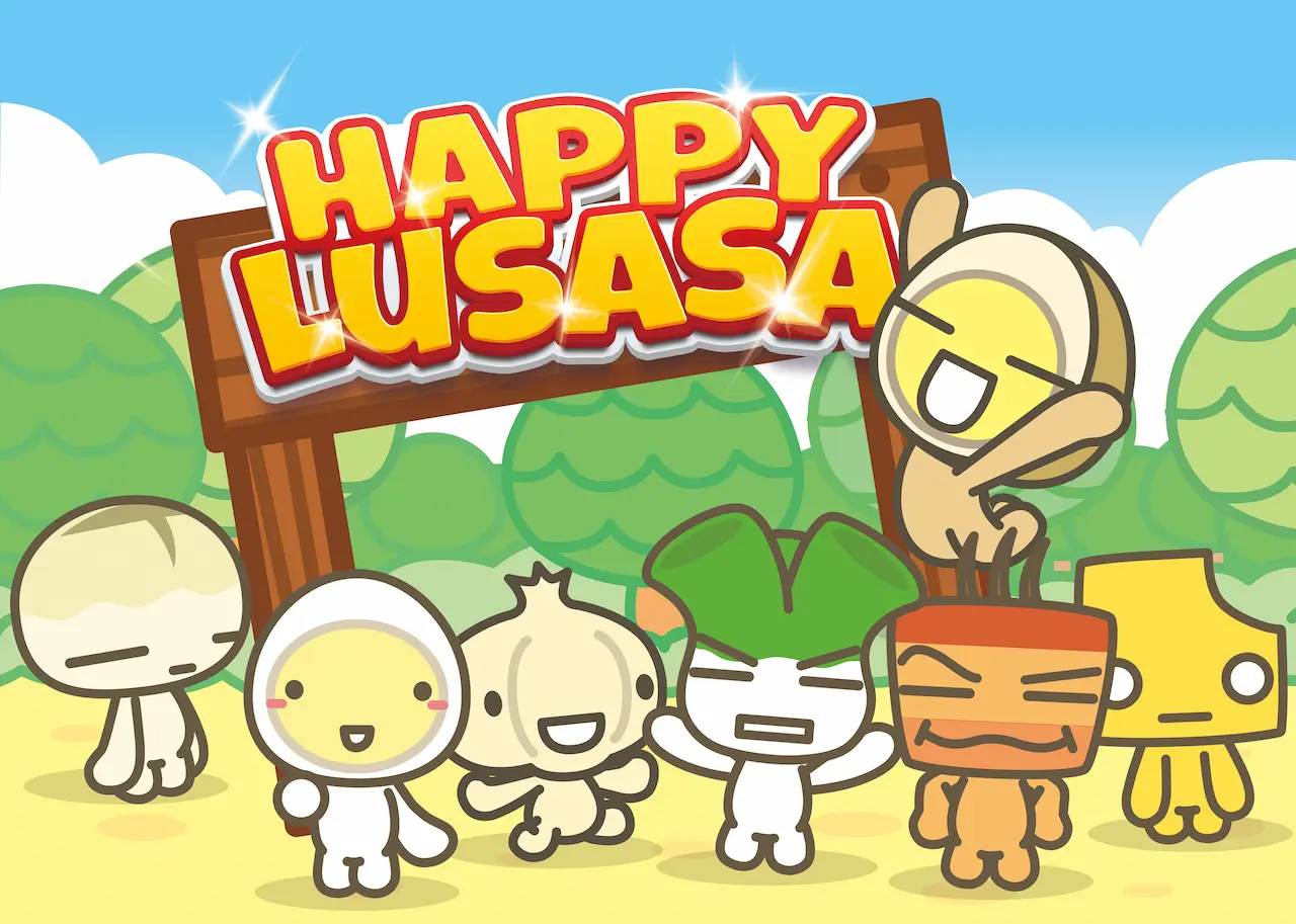 Happy Lusasa characters gathered in a sunny landscape